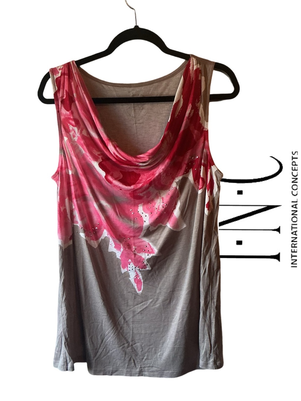 INC International Concepts Pink & Gray Cowl Neck Floral Beaded Tank